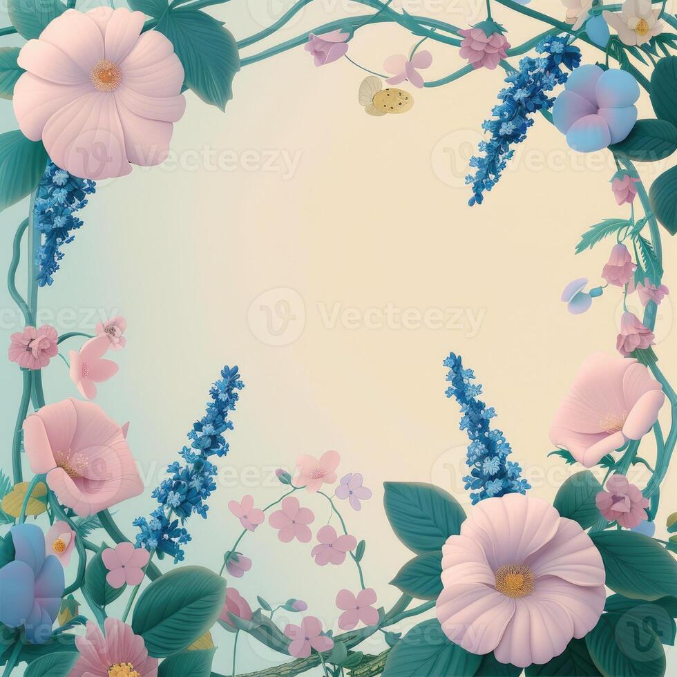 Floral Frame with Pink and Blue Flowers and a Butterfly photo