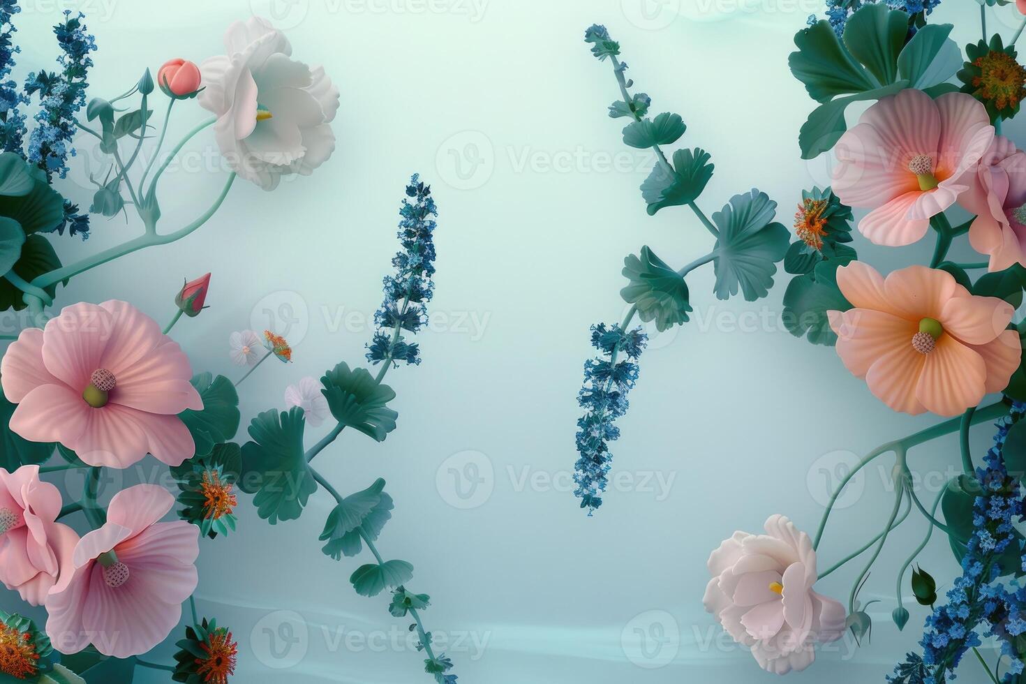 Delicate Pink and White Flowers with Blue and Green Foliage on a Light Blue Background photo