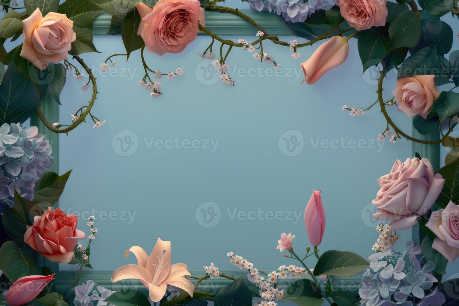 Floral Frame with Roses, Lilies, and Hydrangeas on a Blue Background photo