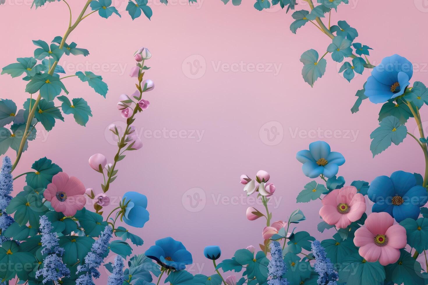 Pastel Pink and Blue Flowers with Teal Leaves on Pink Background photo