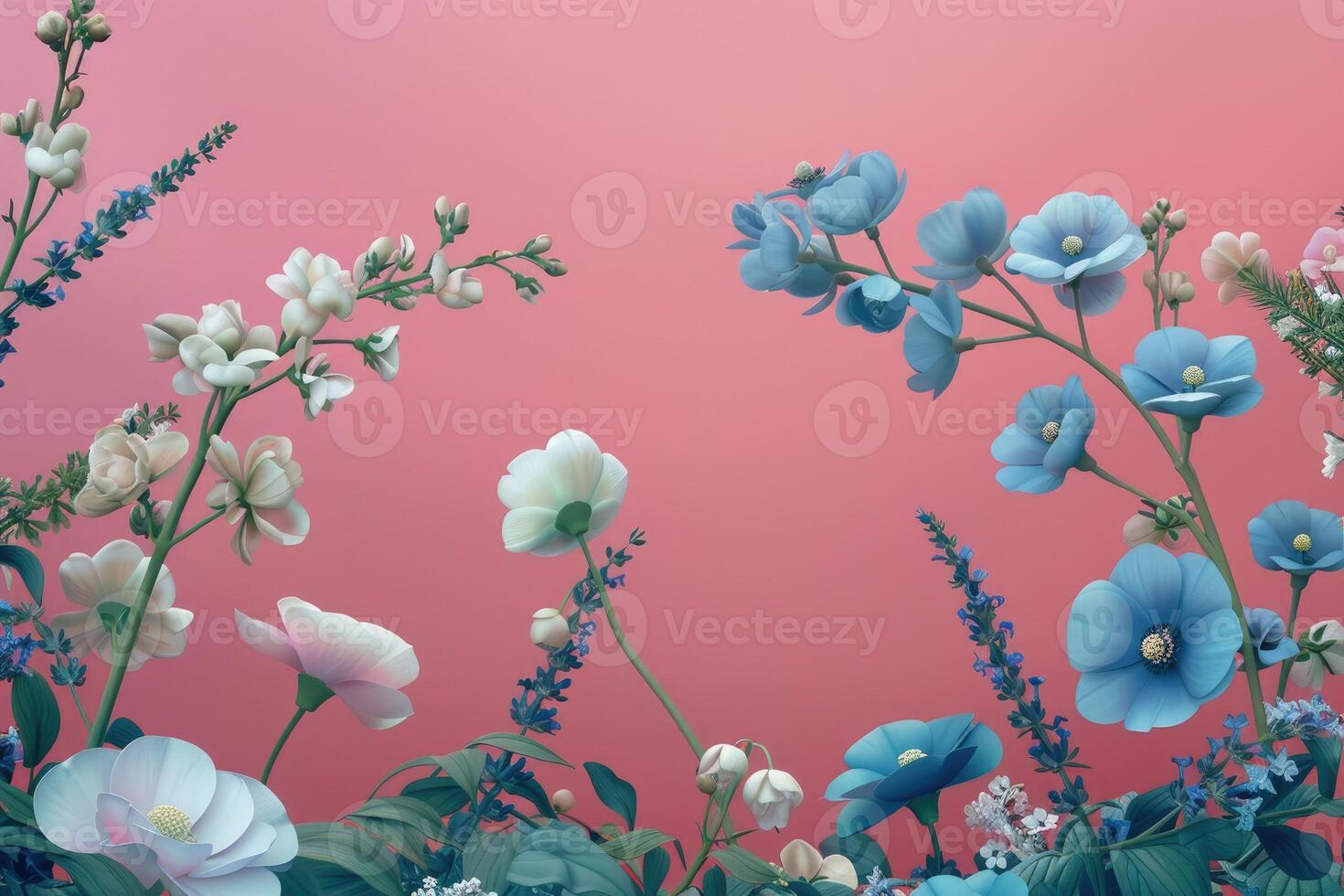 White and Blue Flowers on a Pink Background photo