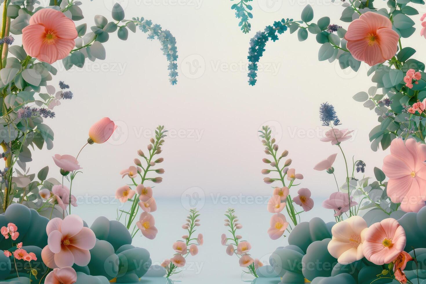 Delicate Pink Flowers and Eucalyptus Leaves Create a Floral Frame photo