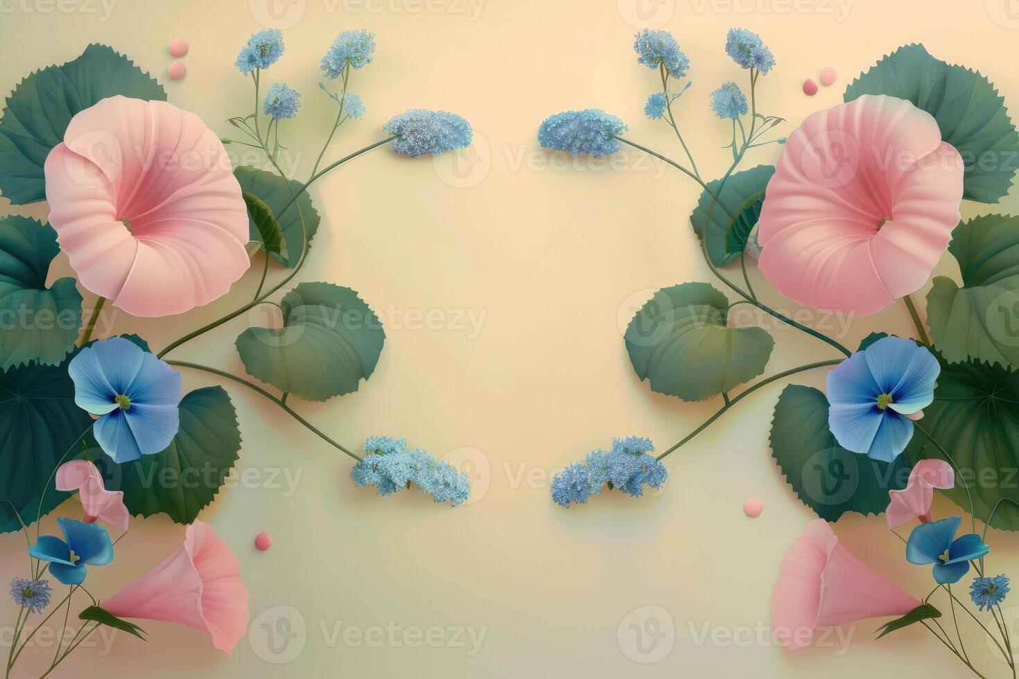 Pastel Pink and Blue Flowers with Green Leaves on a Cream Background photo