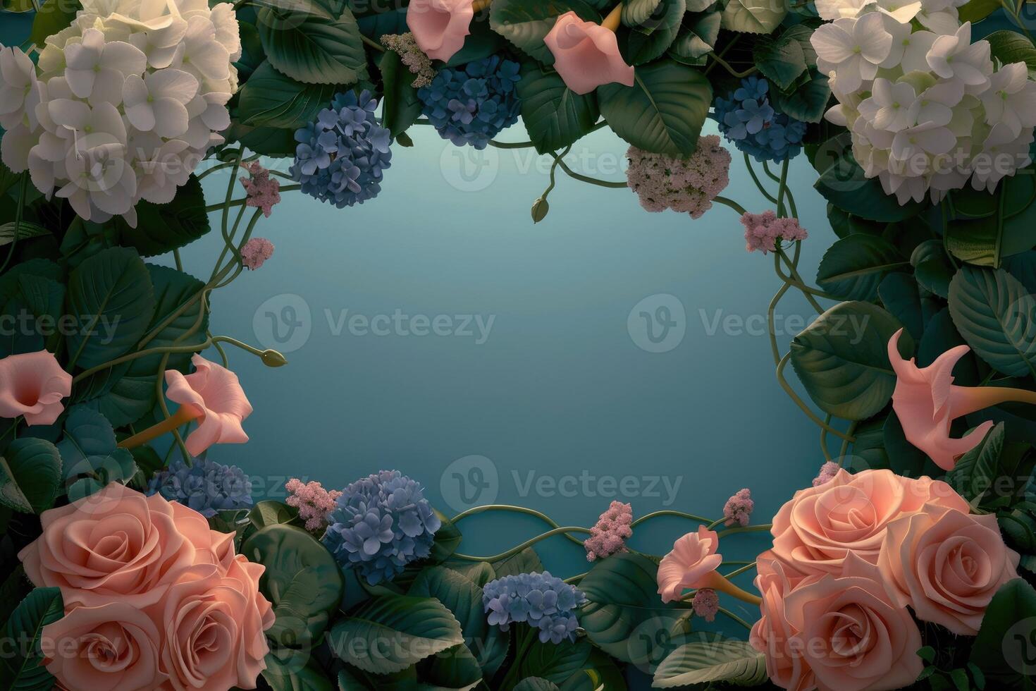 Floral Frame with Pink and Blue Flowers on Teal Background photo