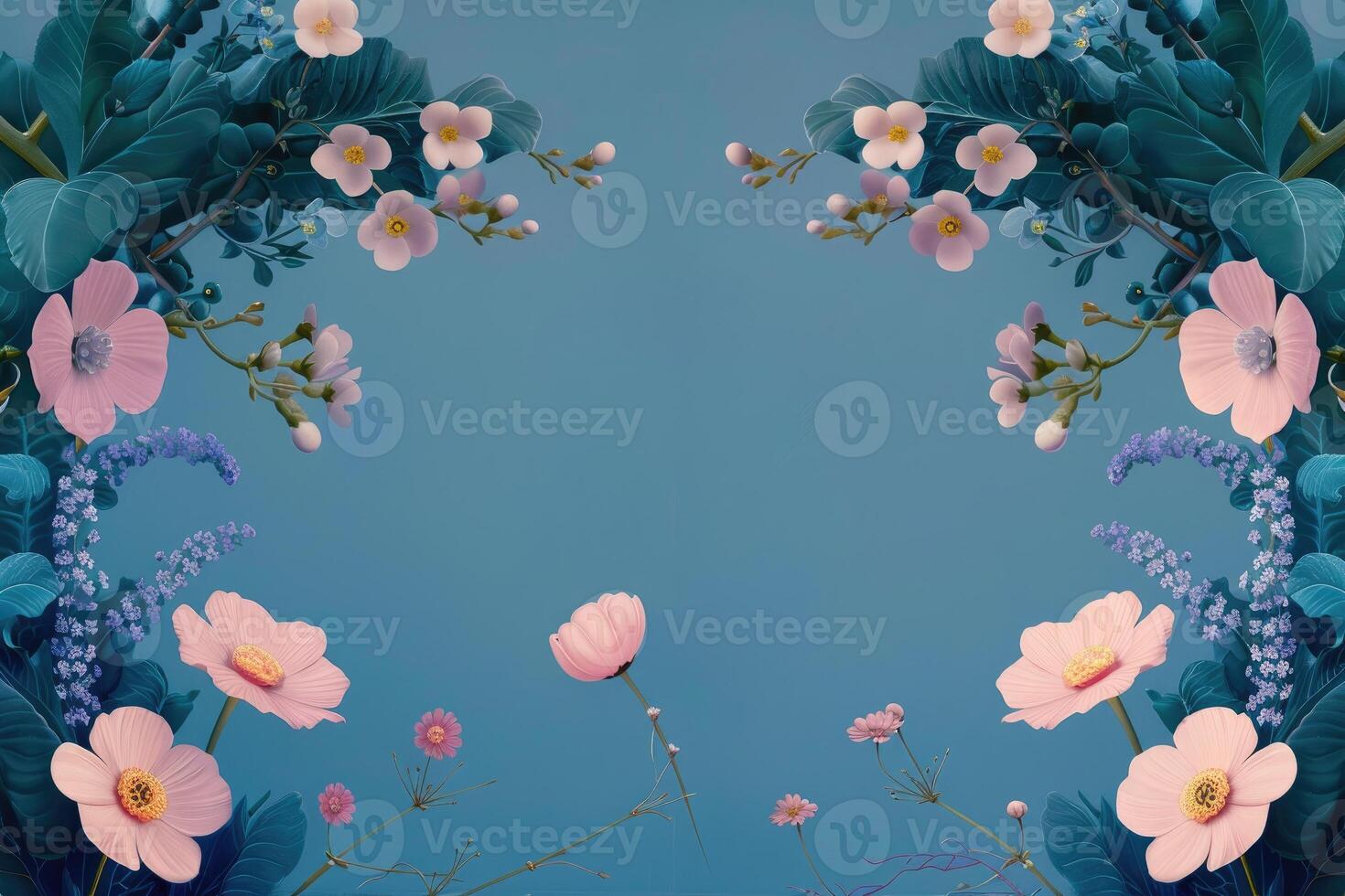 Delicate Pink Flowers and Lush Green Leaves on a Teal Background photo