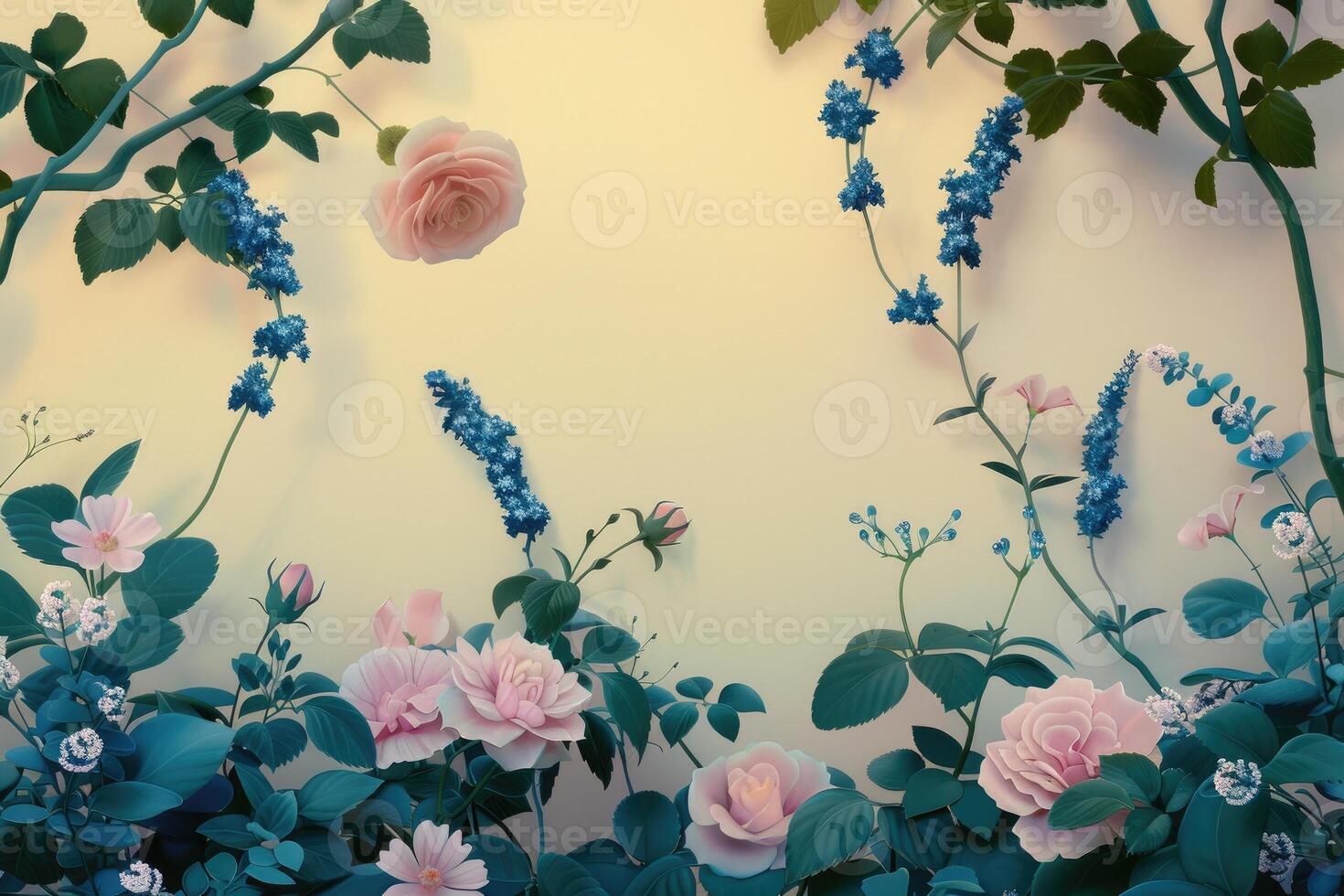 A Delicate Arrangement of Pink Roses and Blue Flowers with Green Foliage Against a Cream Background photo