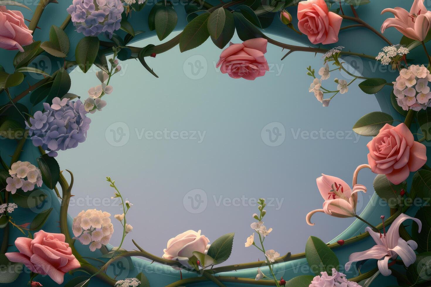Floral Wreath with Thorny Branches and a Light Blue Background photo