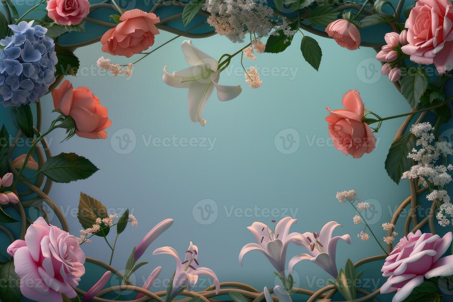 A Floral Frame with Roses, Lilies, and Hydrangeas photo
