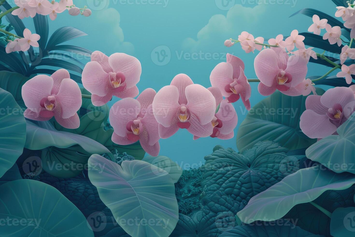 Pink Orchids and Lush Green Tropical Leaves Against a Teal Sky photo