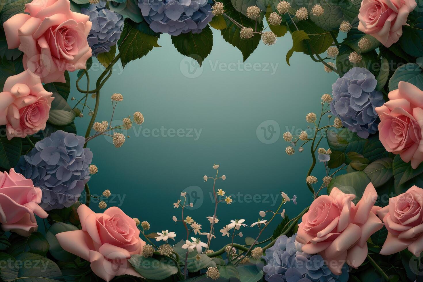 A Floral Frame of Pink Roses, Blue Hydrangeas, and White Flowers photo
