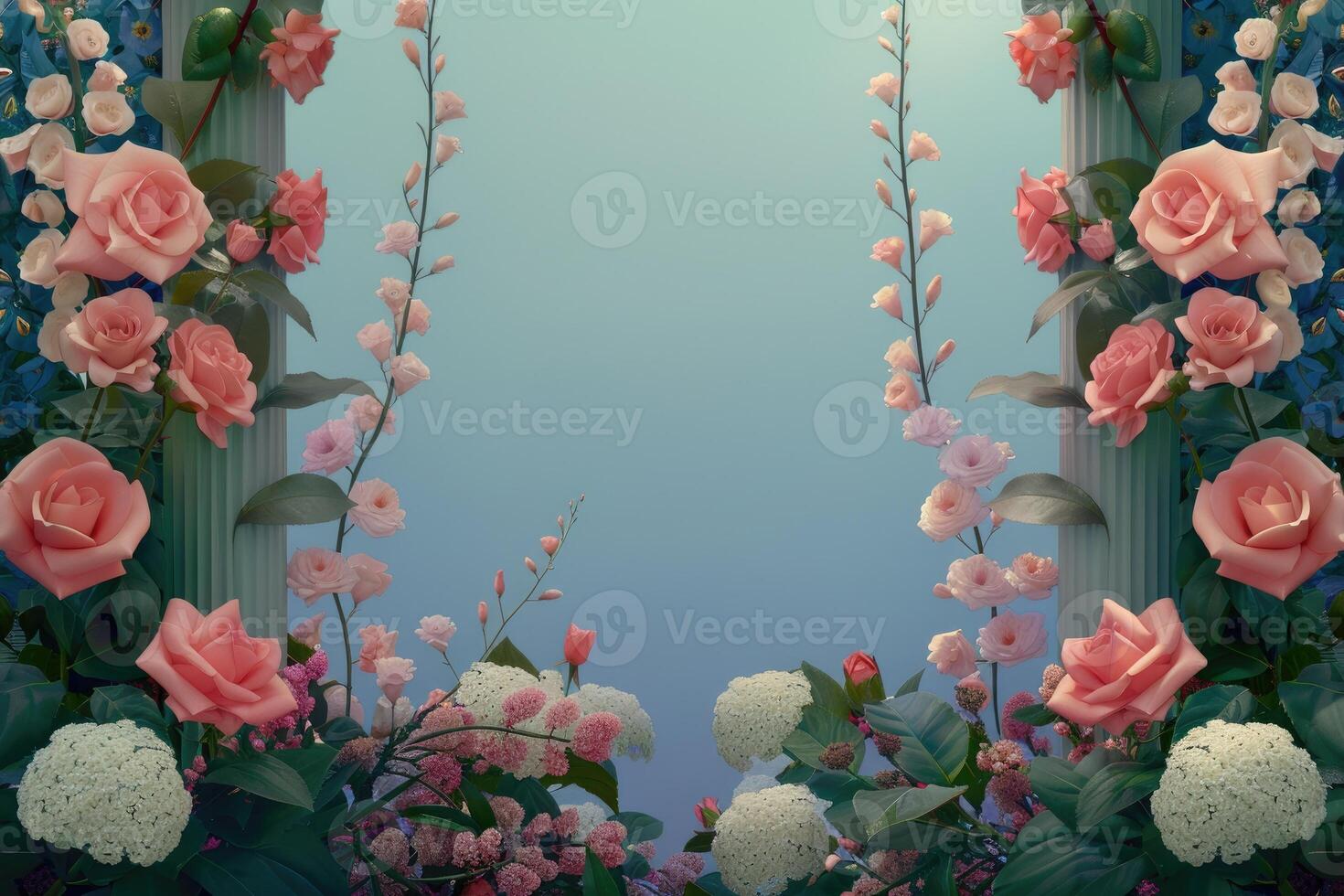 Pink Roses and Flowers Adorn Classic Columns Against a Blue Sky photo