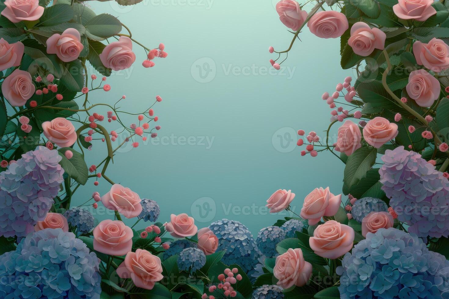 Pink Roses and Blue Hydrangeas Frame a Turquoise Background photo