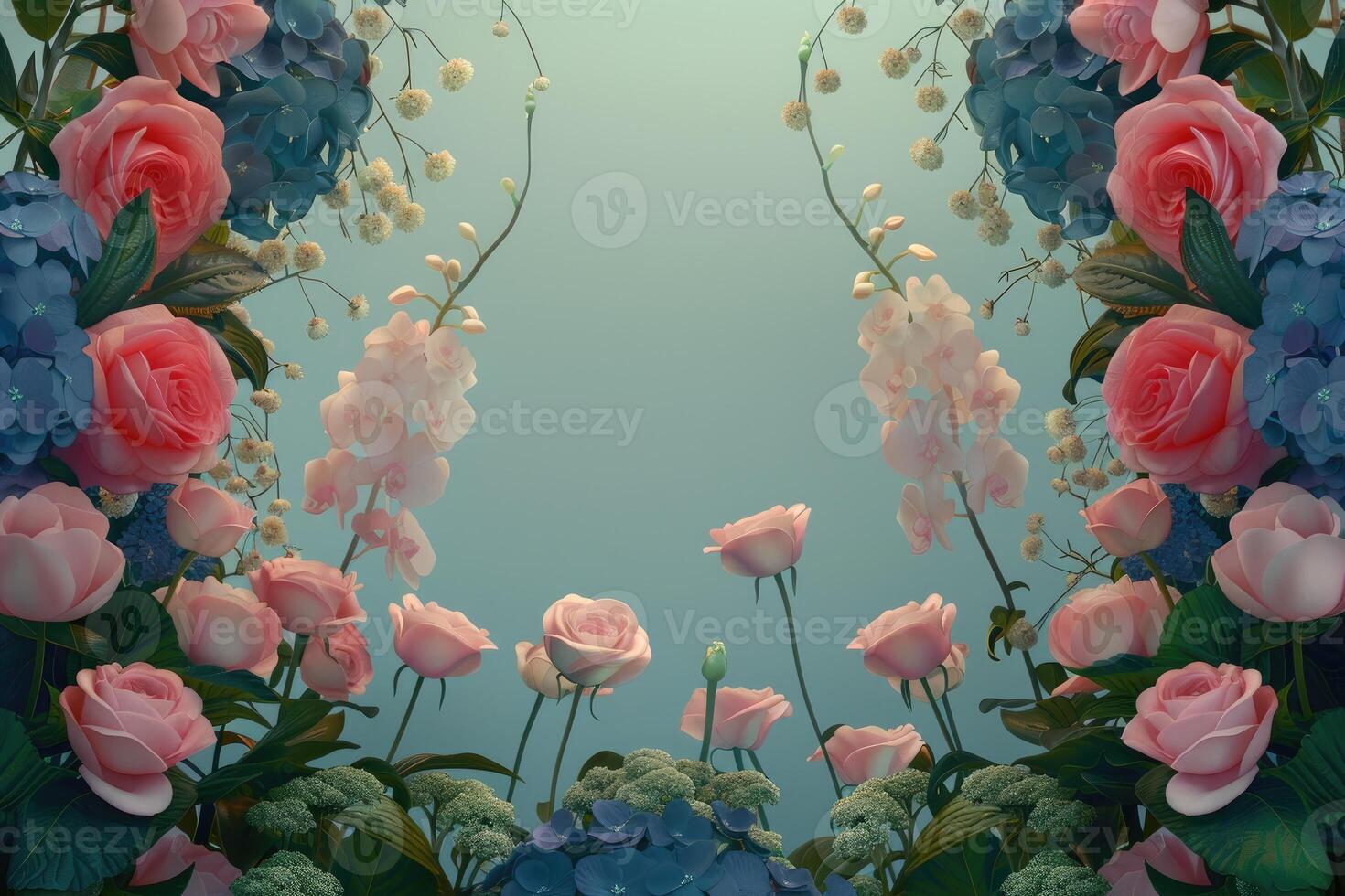 Delicate Pink and Blue Floral Arrangement with Green Foliage photo