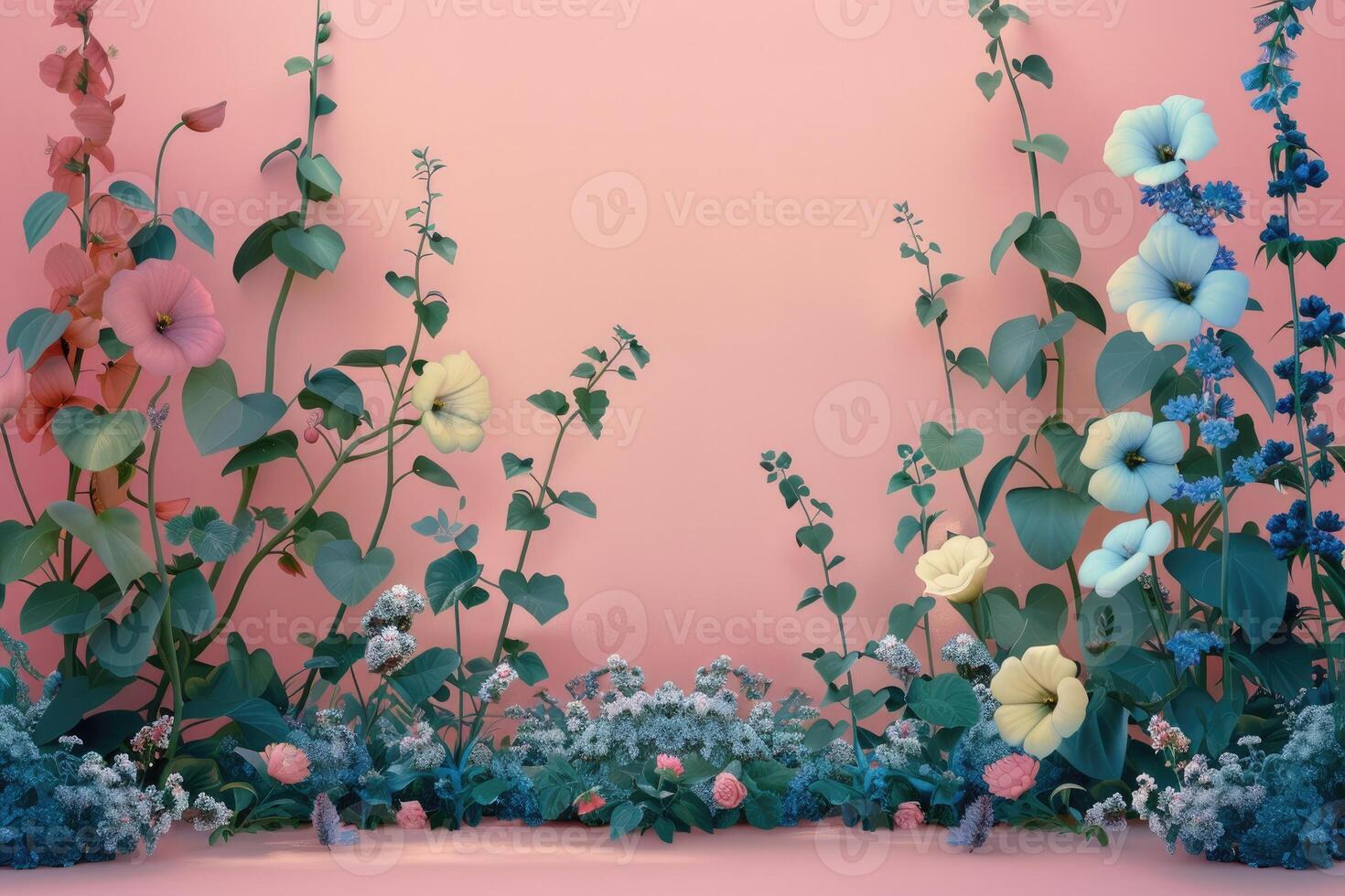 Pink and Blue Flowers with Green Vines Against a Pale Pink Wall photo