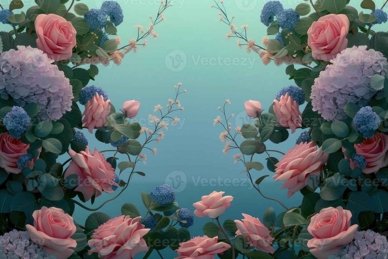 Pink Roses and Purple Hydrangeas with Green Leaves and Small White Flowers Against a Teal Background photo