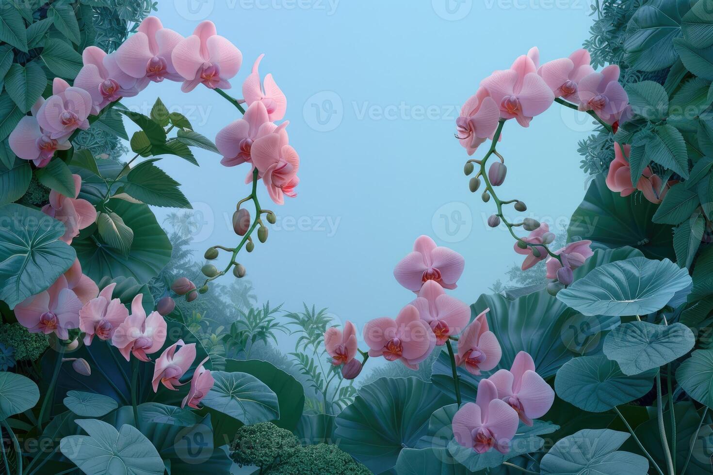 Pink Orchids and Lush Green Foliage Against a Light Blue Sky photo