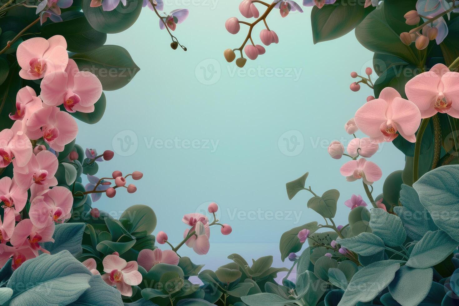 Pink Orchid Blooms Framed by Lush Green Leaves on a Blue Background photo