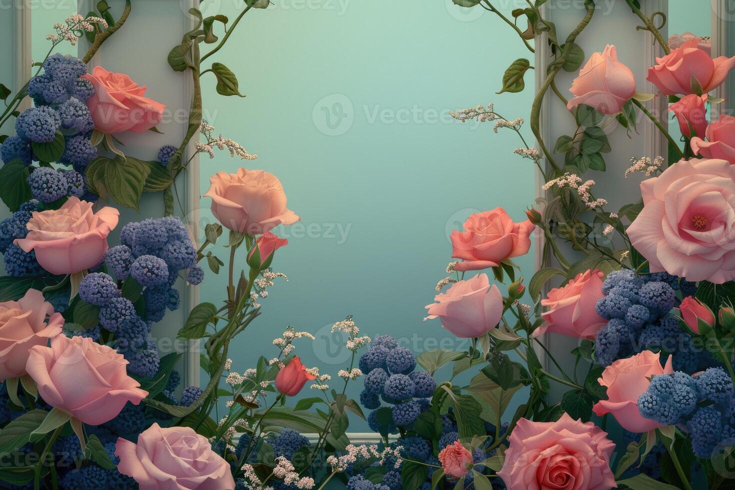 Delicate Pink Roses and Blue Flowers Frame a Light Green Background photo