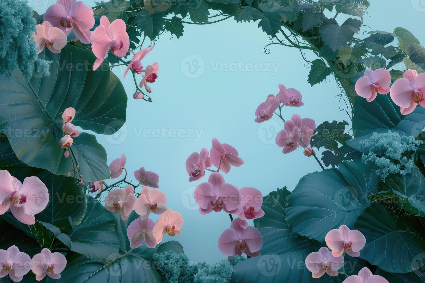 Pink Orchids and Lush Green Foliage Against a Blue Sky photo