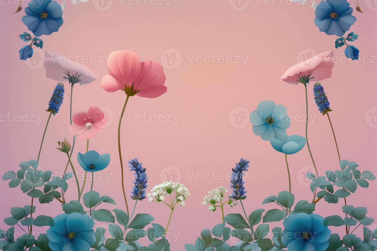 Pink and Blue Flowers with Green Foliage on a Pink Background photo