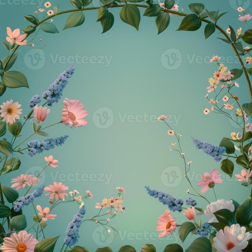 Delicate Pink and Blue Flowers Surrounded by Lush Green Leaves on a Teal Background photo