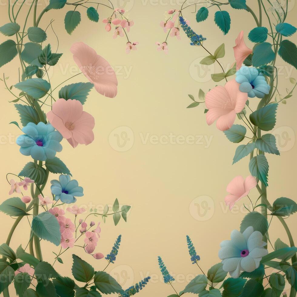 Floral Frame with Pink and Blue Flowers on Beige Background photo