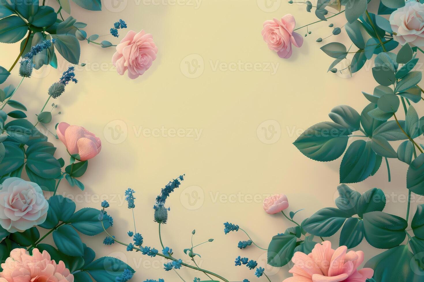 Pastel Pink Roses and Green Leaves on a Light Yellow Background photo
