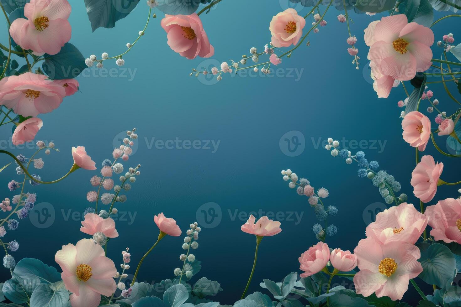 Delicate Pink Flowers Arranged on Teal Background photo