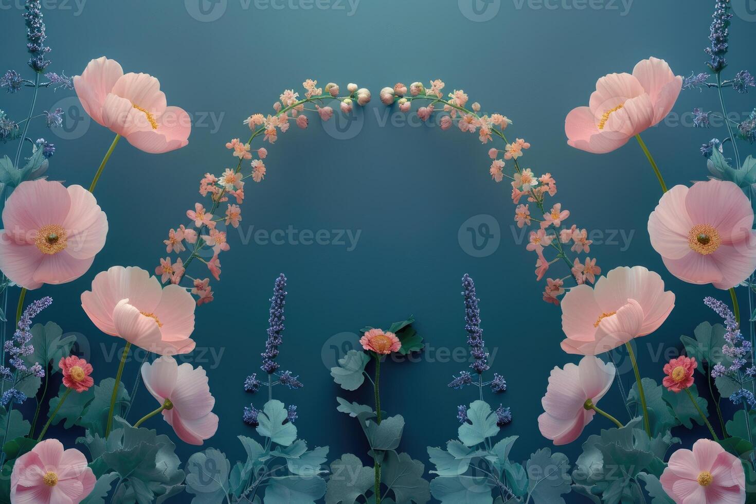 Pink Flowers and Lavender Sprays Form a Heart Shape on a Teal Background photo