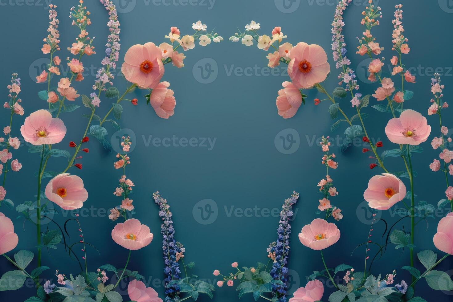 A Teal Background with Pink and Blue Flowers in a Mirrored Frame photo