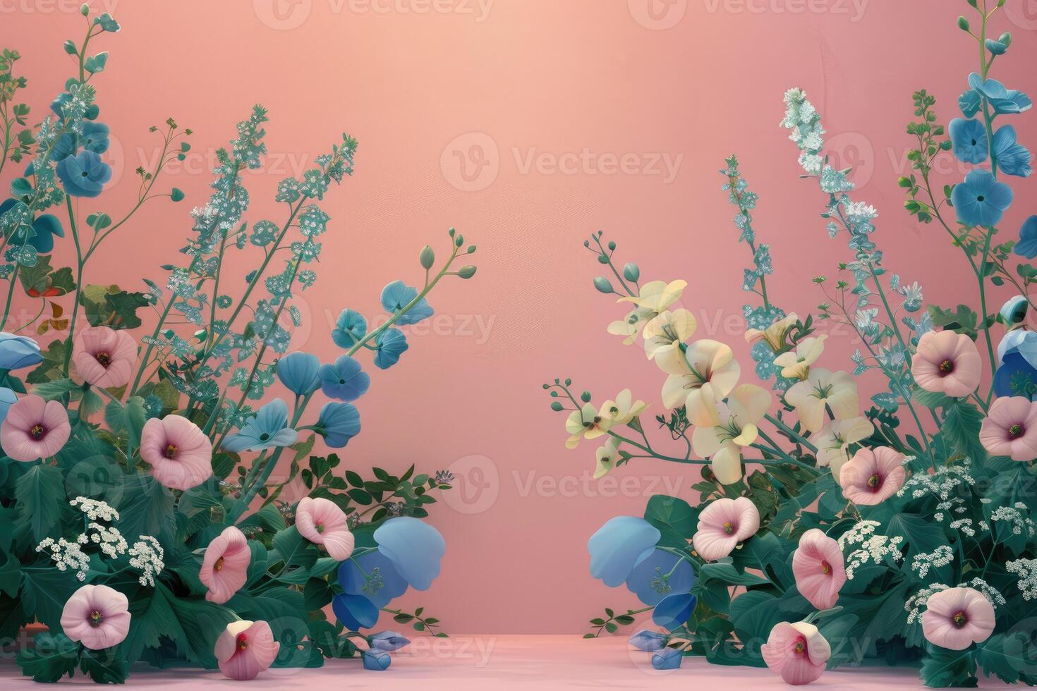 Pastel Floral Arrangement with Pink and Blue Flowers Against a Peach Background photo
