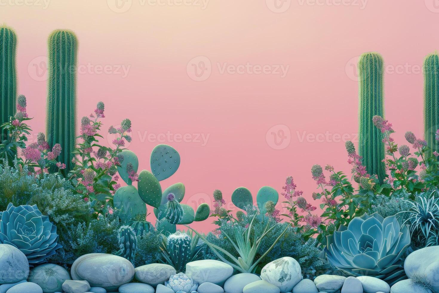 Desert Oasis with Cactus and Succulents on a Pink Background photo