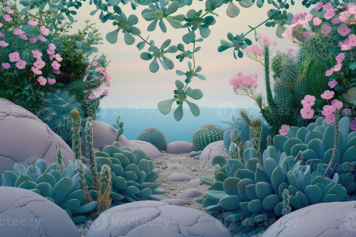 Desert Oasis with Blue Succulents and Pink Flowers photo