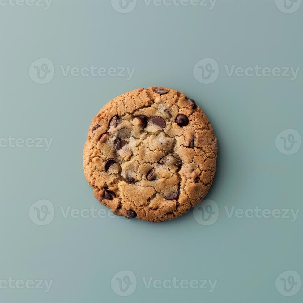 Close-up of a delicious chocolate chip cookie on a blue background. Perfect for food blogs, dessert menus, or bakery websites. photo