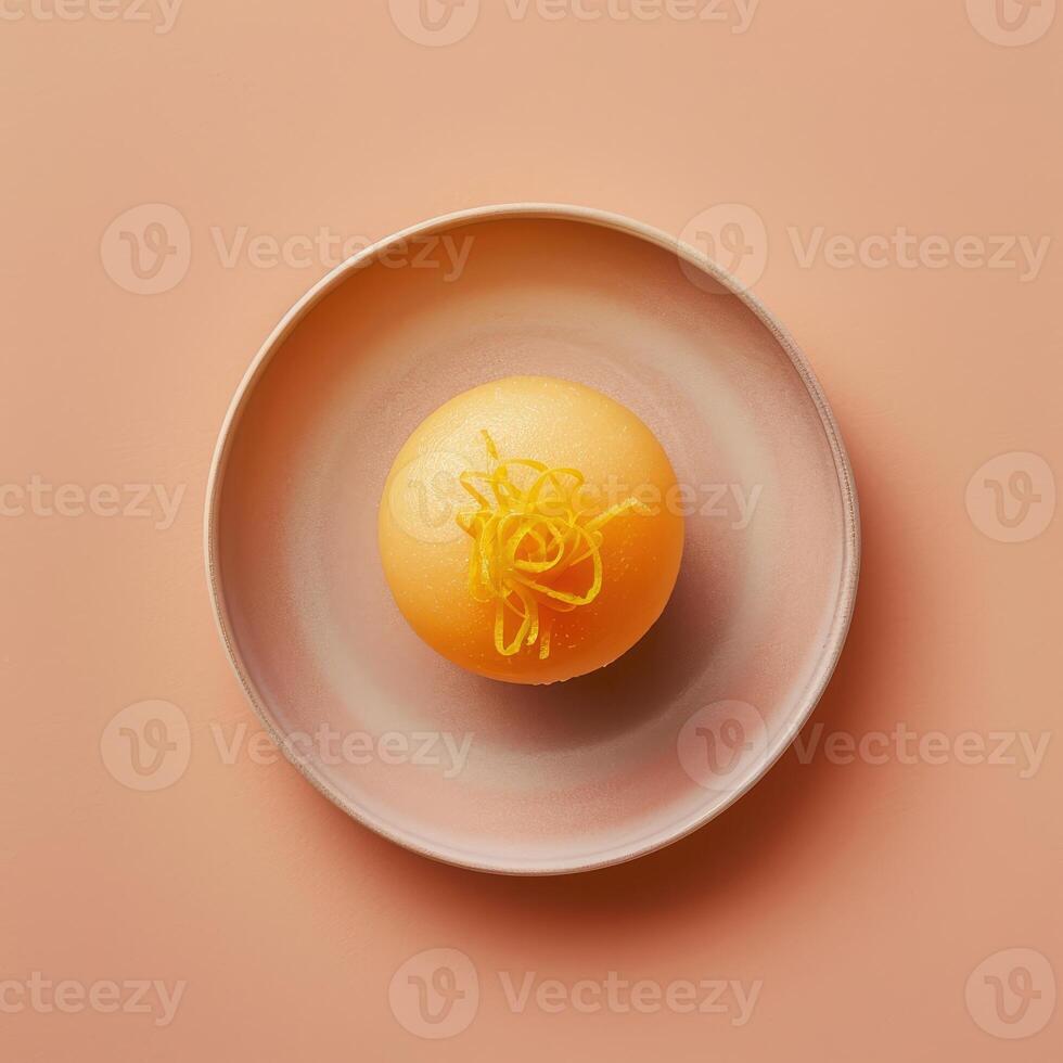 Single orange cupcake with orange zest on top, on a light pink plate against a peach colored backdrop. Top view. photo