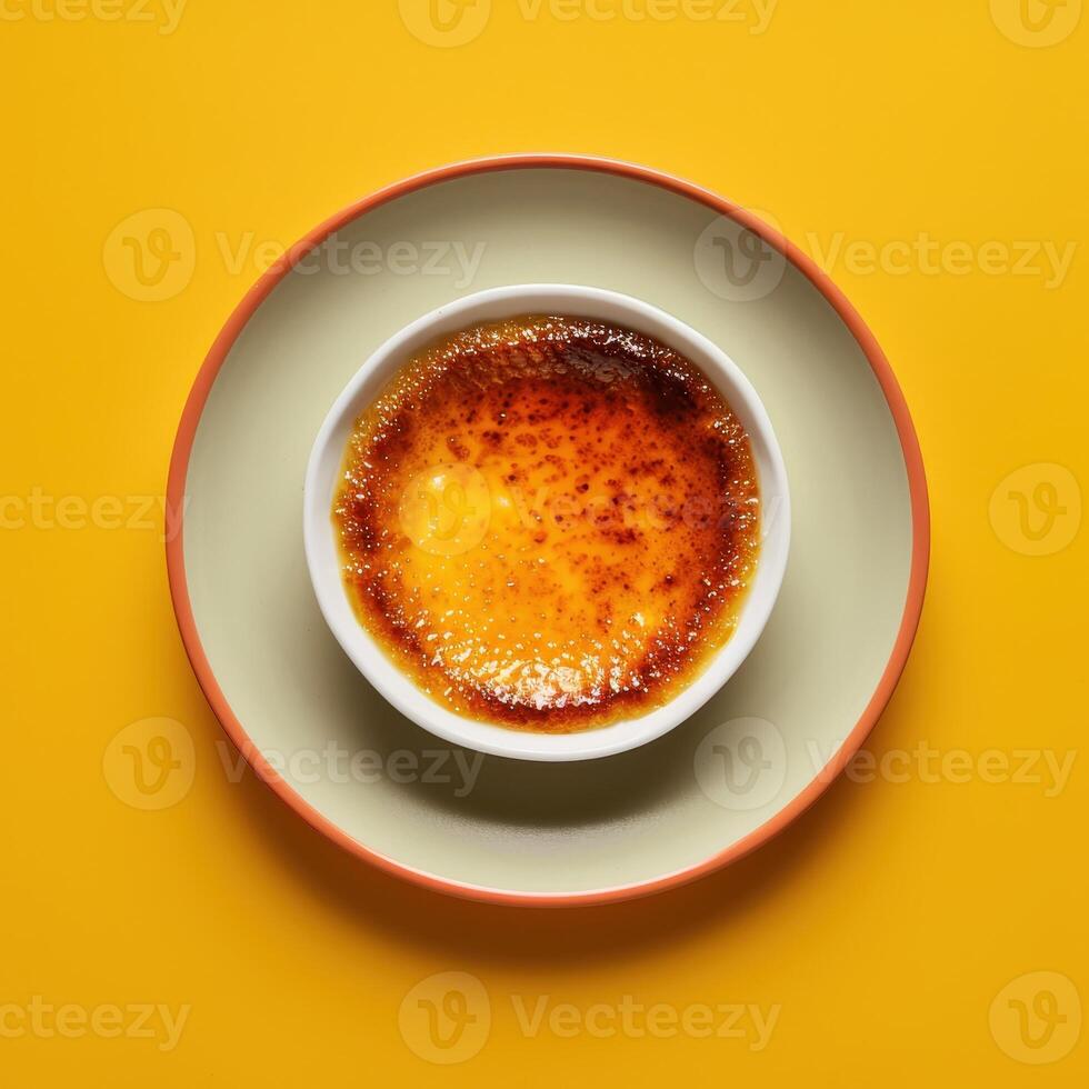 Close up of a creamy Creme Brulee with a perfectly caramelized sugar crust, served on a pink saucer with a pink background. photo