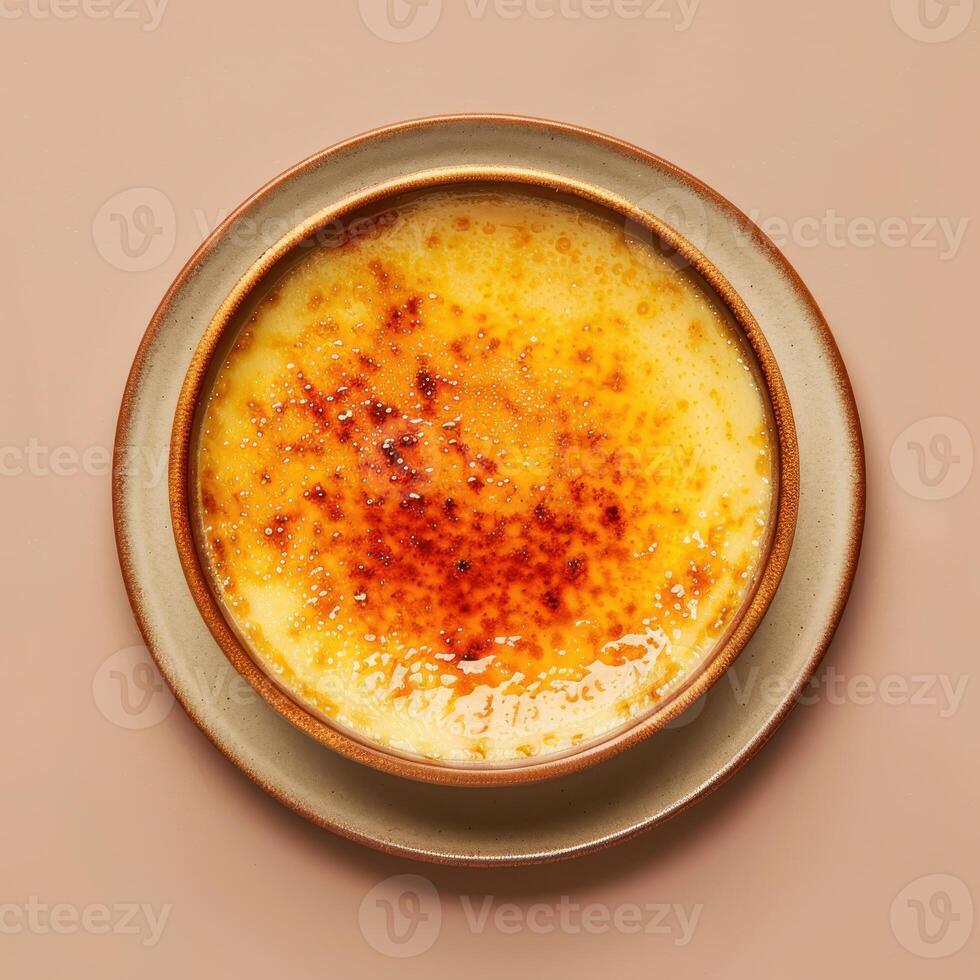 Close up of a creamy Creme Brulee with a perfectly caramelized sugar crust, served on a pink saucer with a pink background. photo