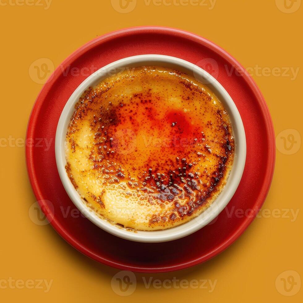 Close up of creme brulee dessert with crispy caramelized sugar topping on a white ramekin with red plate. Delicious homemade dessert with golden brown crust. photo