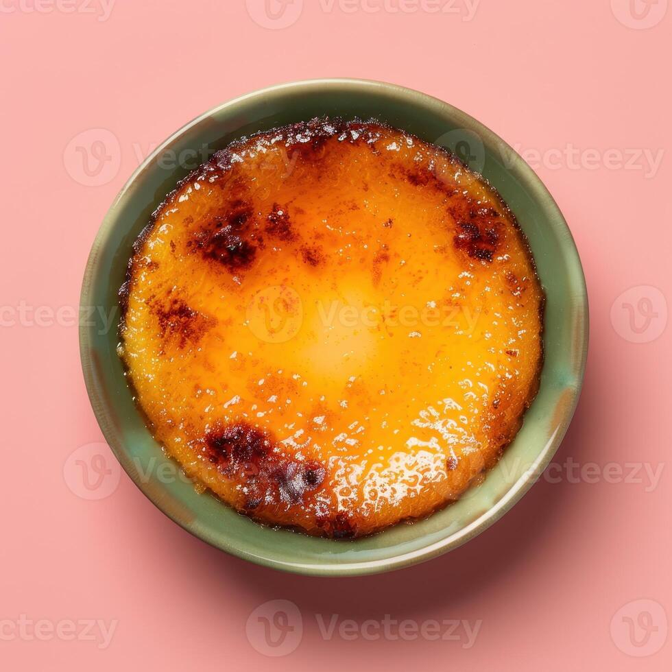 Close-up of a creamy flan dessert with a caramelized sugar topping. Delicious and sweet treat for a special occasion. photo