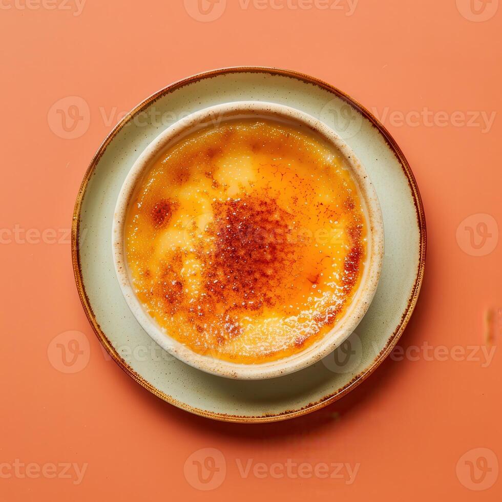 Close-up shot of a creamy baked cheesecake dessert with a crispy caramelized crust, served in a white ramekin on a light green saucer. photo