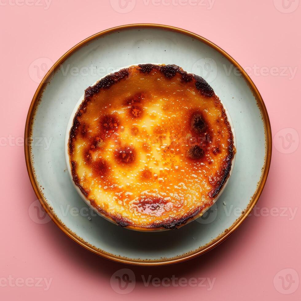 Closeup of a delicious creme brulee with a caramelized sugar crust, on a blue plate, isolated on a pink background. photo