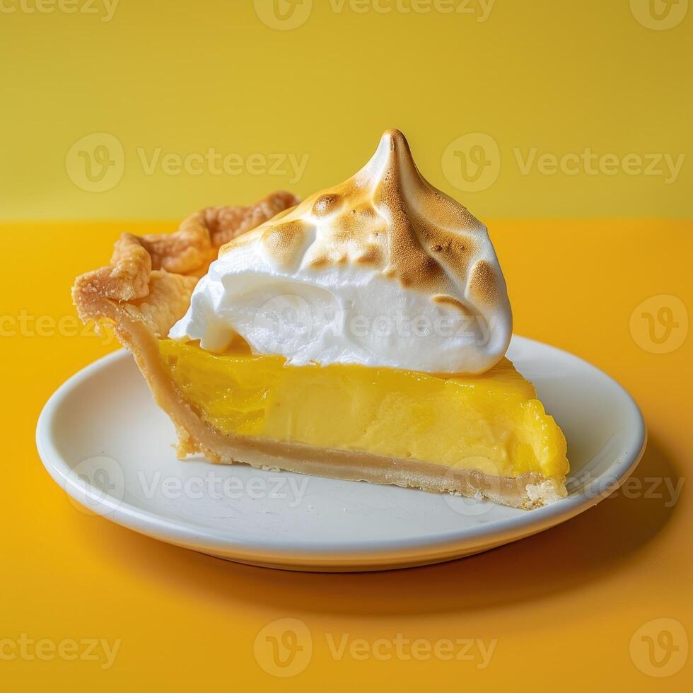 Slice of lemon meringue pie on white plate with yellow background. Delicious and sweet dessert perfect for a summer treat. photo