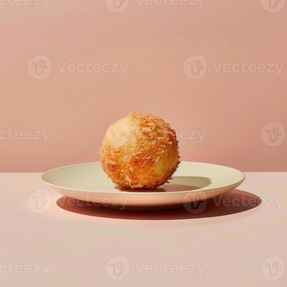 Closeup of a golden, crispy, deep-fried ball of dough on a white plate, perfect for a dessert or snack. photo