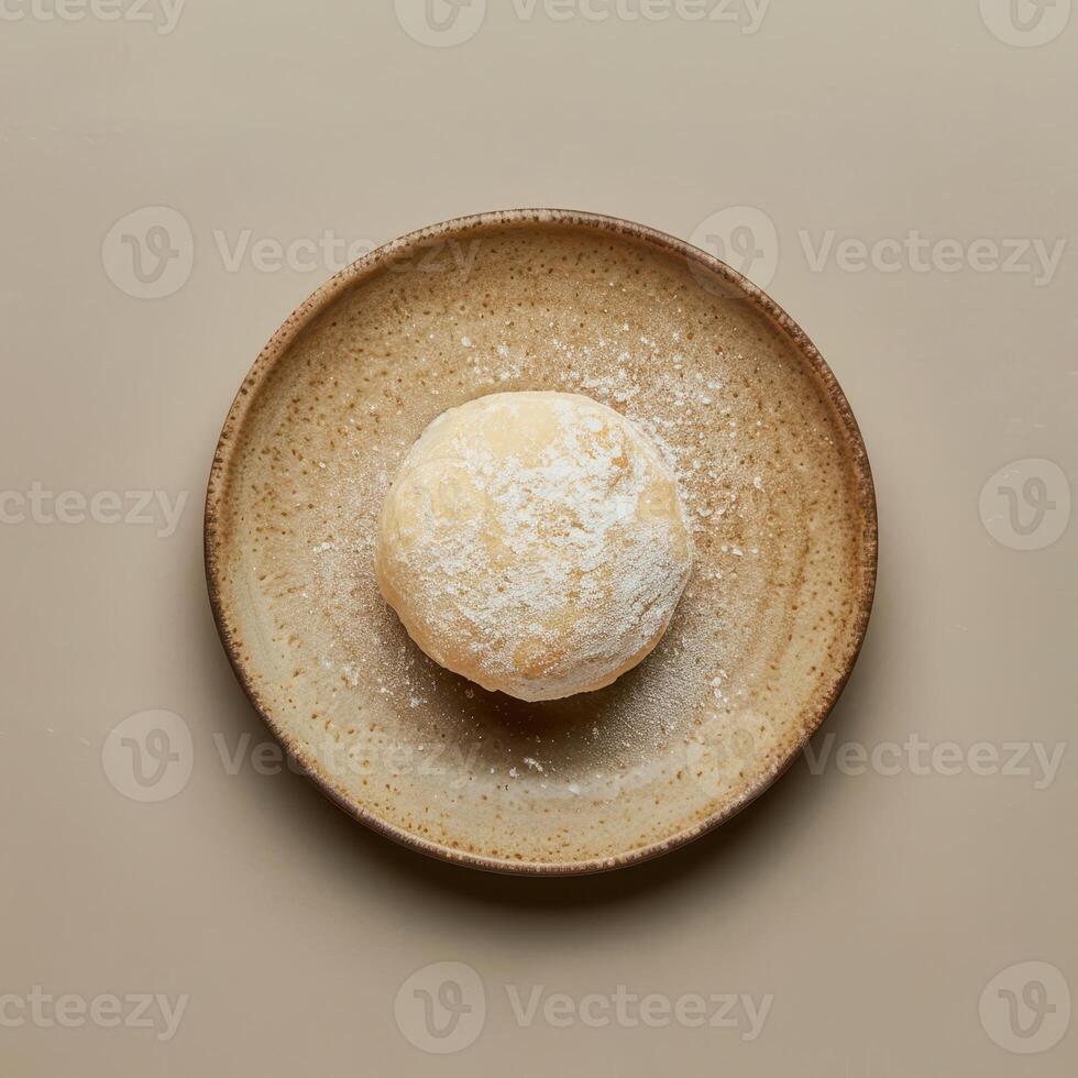 Closeup of a round mochi dessert with white coconut flakes. Traditional Japanese snack food on a rustic plate. photo
