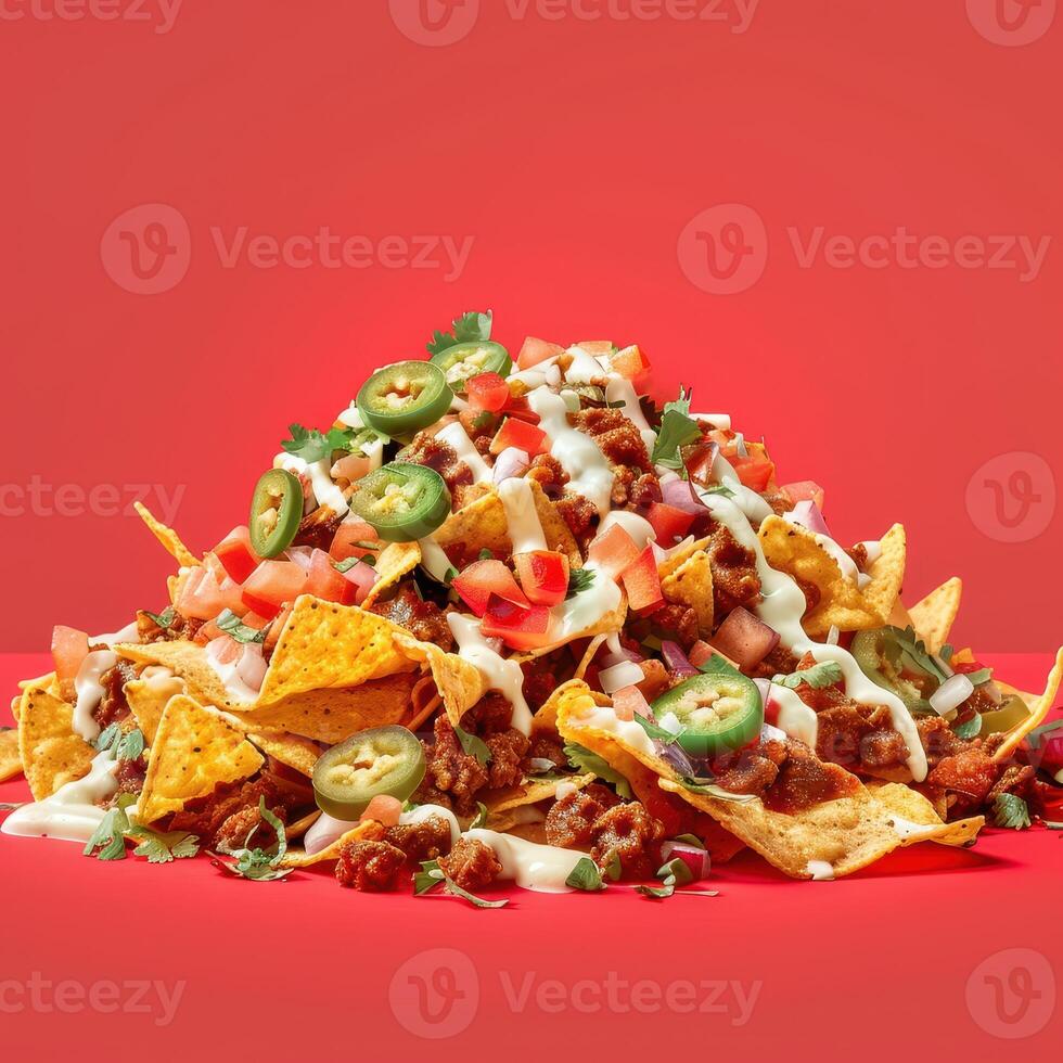 Close-up of a large pile of nachos with toppings including ground beef, salsa, sour cream, cilantro, and jalapeno peppers on a red background. Concept of food, snack, party, and appetizer. photo