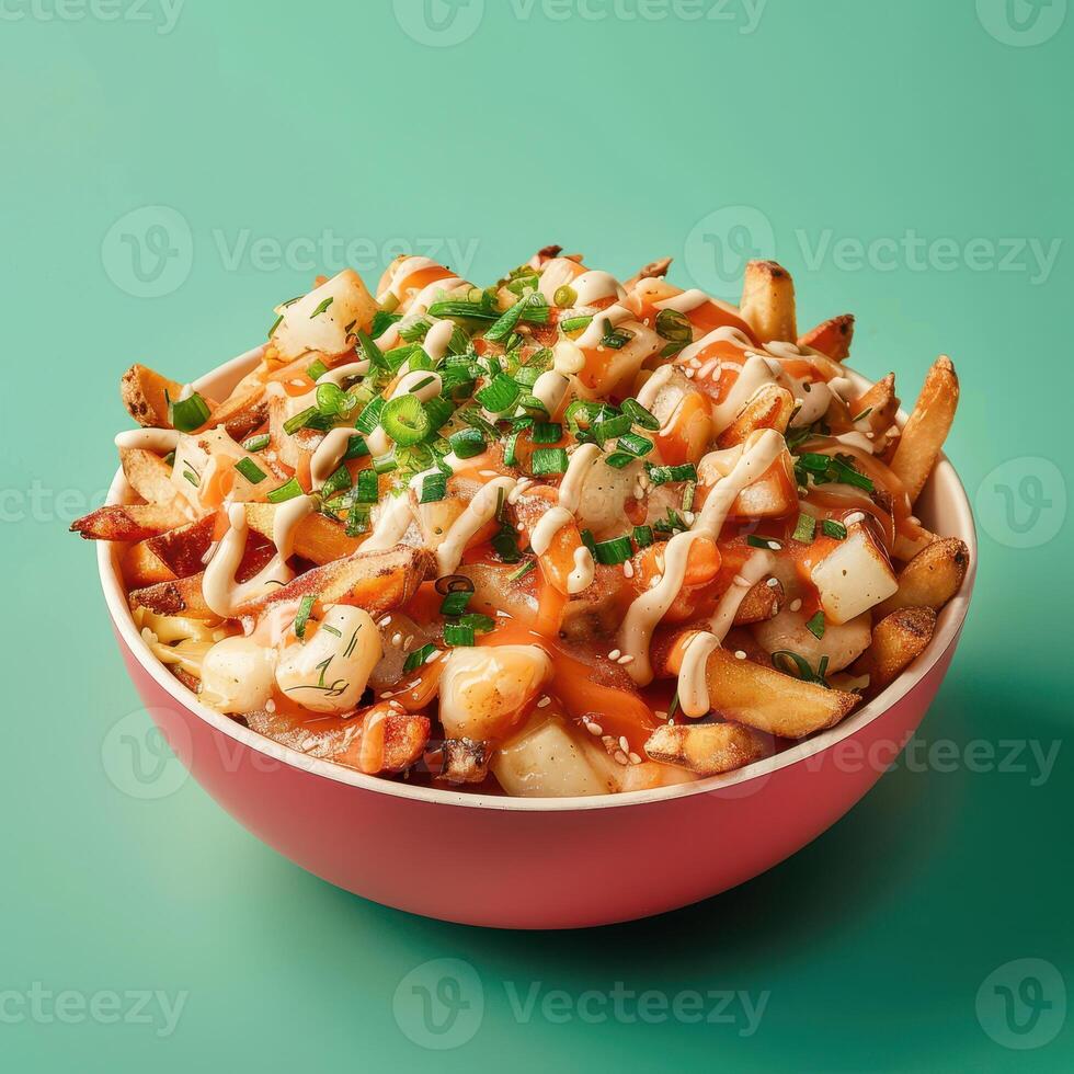 Delicious and savory poutine with cheese curds, gravy, and toppings. French fries with melted cheese curds and gravy, a traditional Quebec dish. Poutine food photography, close up. photo