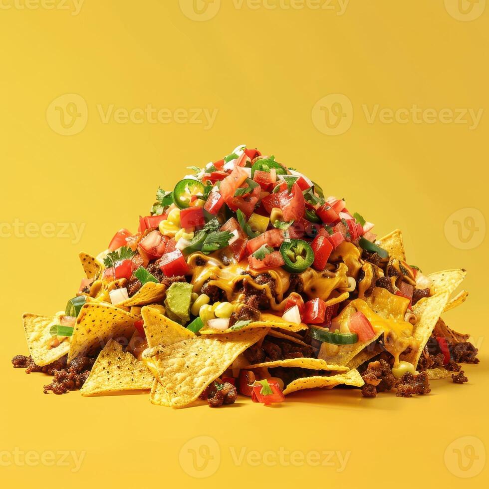 Close up of a large portion of loaded nachos with ground beef, cheese, salsa, guacamole, corn, sour cream and jalapenos. Concept of party food, appetizer, and delicious mexican food. photo