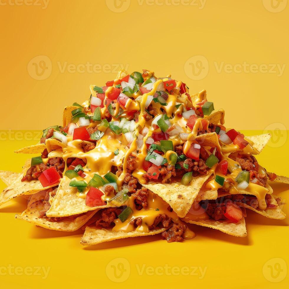 Close up shot of delicious nachos loaded with cheese, ground beef, tomatoes, peppers, and onions on yellow background. Concept of Mexican food, snack, appetizer, fast food, restaurant menu. photo