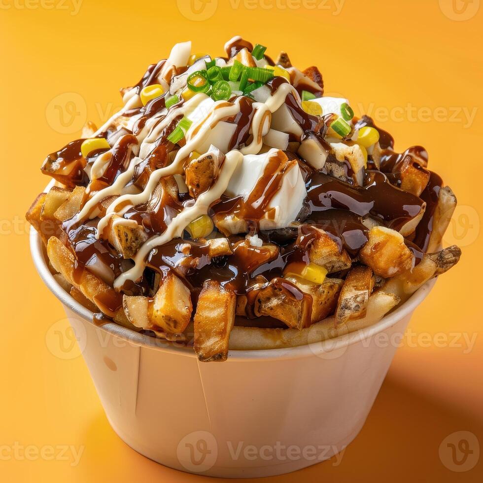 Closeup of poutine, a Canadian dish with french fries, cheese curds, and gravy. photo