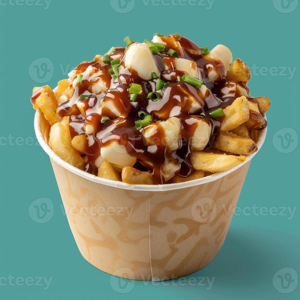 Closeup of a poutine dish with fries, cheese curds, gravy, and chives in a paper container. Canadian food. photo